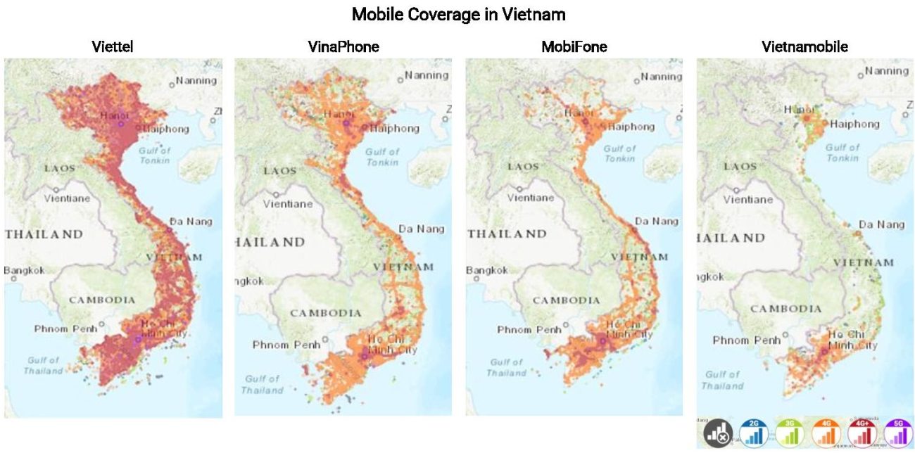 Coverage maps of top 4 major network operators in Vietnam