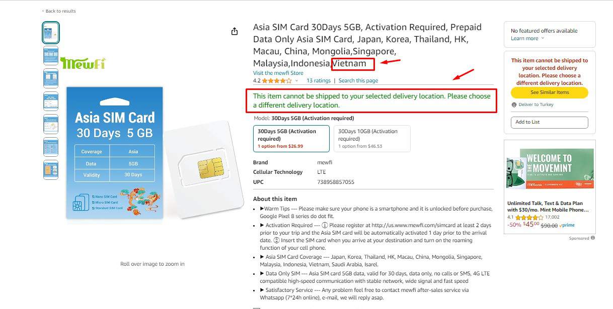 Vietnam SIM card plans sold on Amazon
