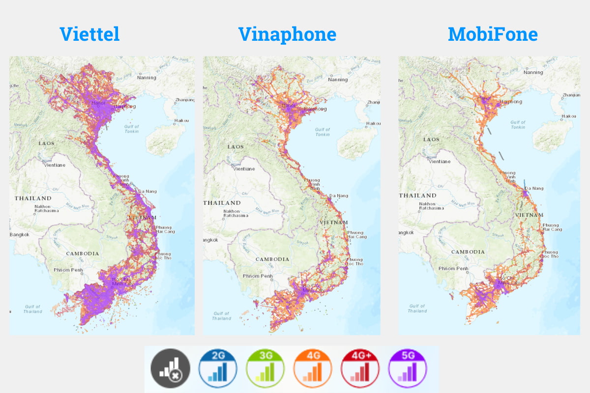 Coverage maps of three major Vietnam mobile network operators