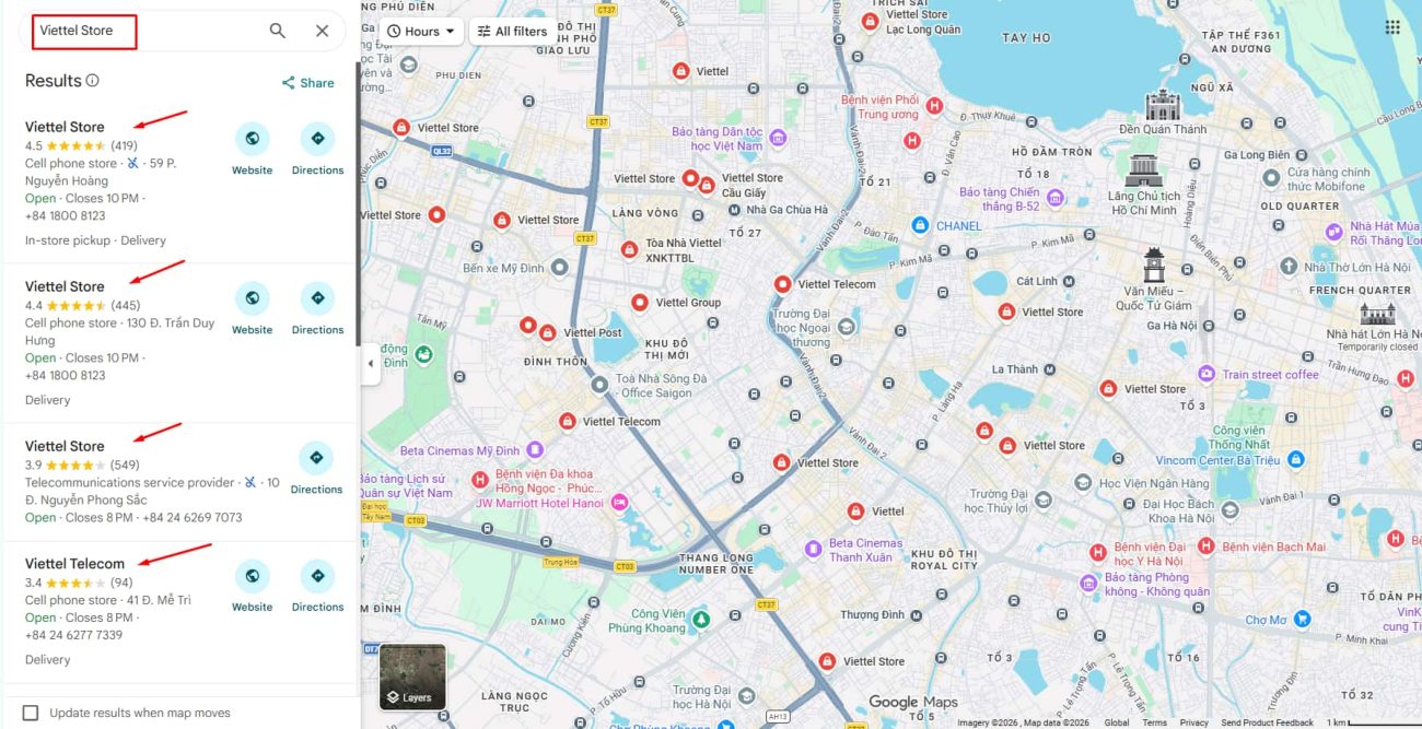 Viettel Store addresses on Google Map