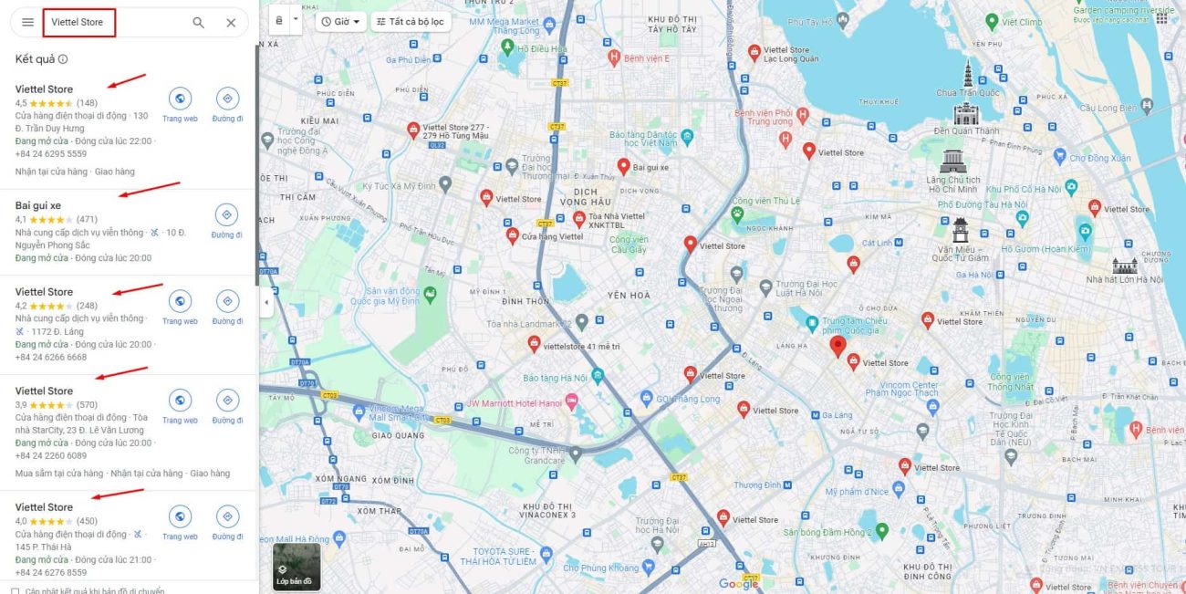 Viettel Store addresses on Google Map