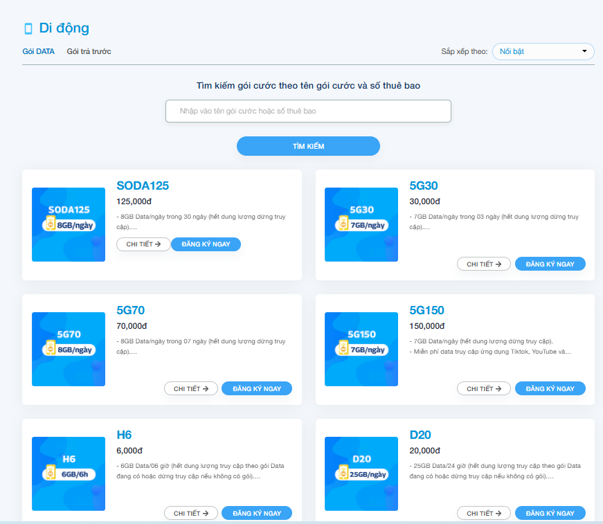 Data plans on Vinaphone's official website