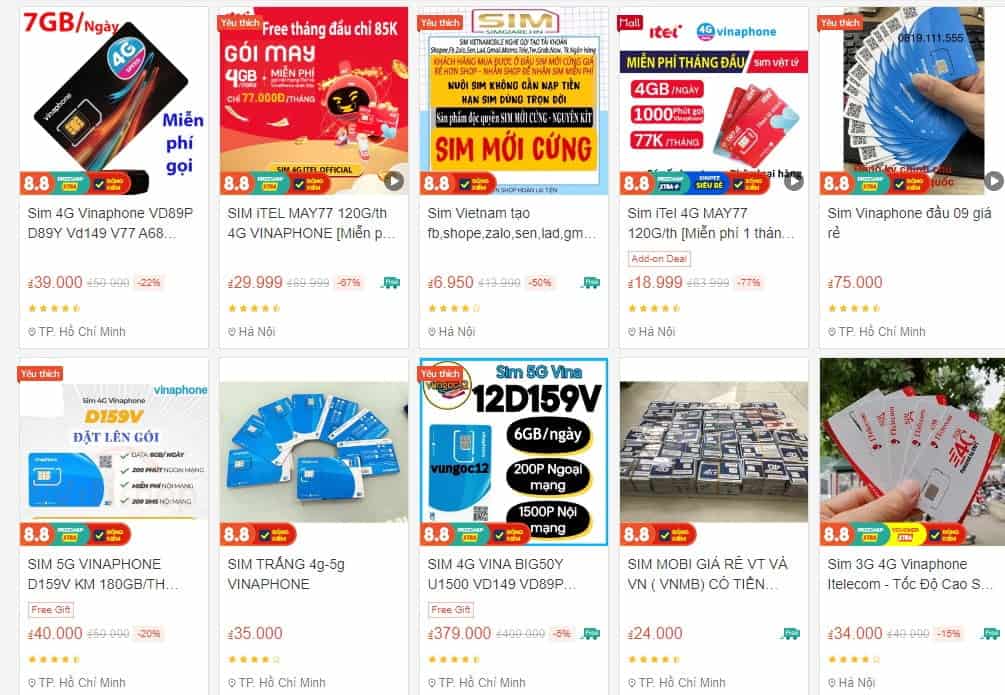 Vinaphone SIM cards are sold on Shopee and many other ecommerce platforms