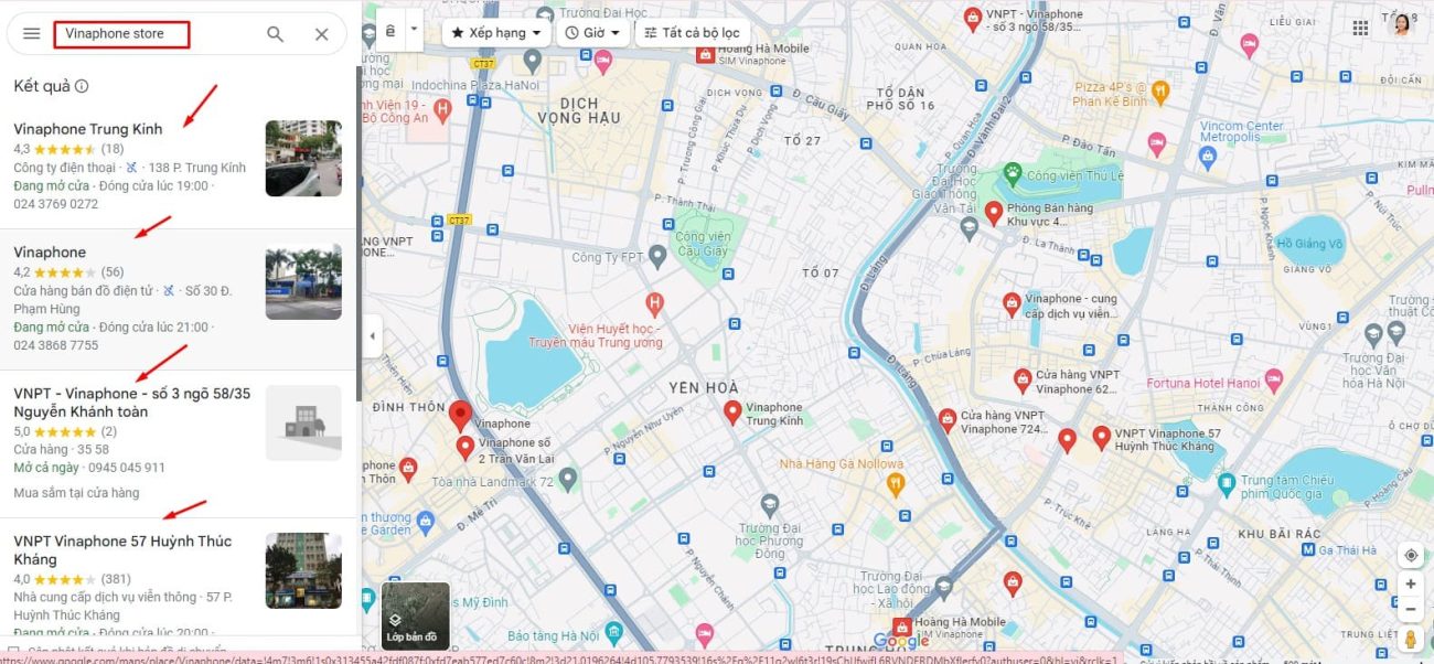 Vinaphone stores' location in Hanoi Vietnam on Google Map